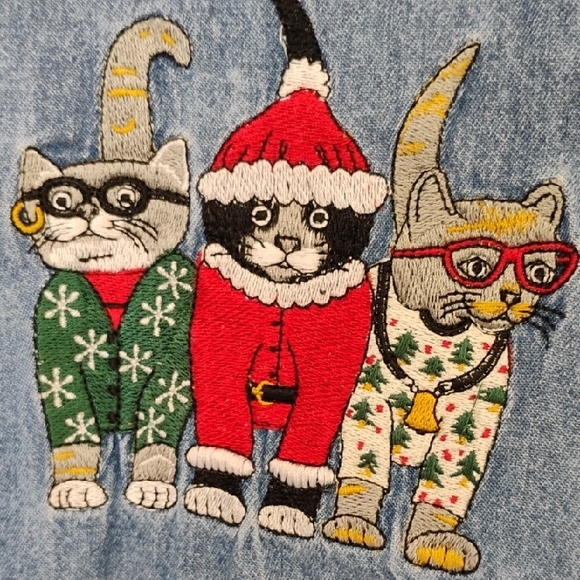 Bobbie Brooks Blue Denim Shirt With Holiday  Embroidered Kats - Picture 7 of 10